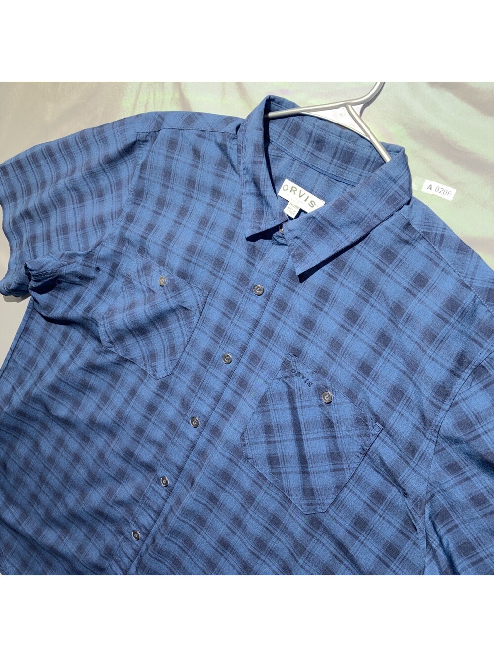 Orvis Short Sleeve Button Down Shirt Plaid Pockets Mens XXL 2XL Blue Polyester
